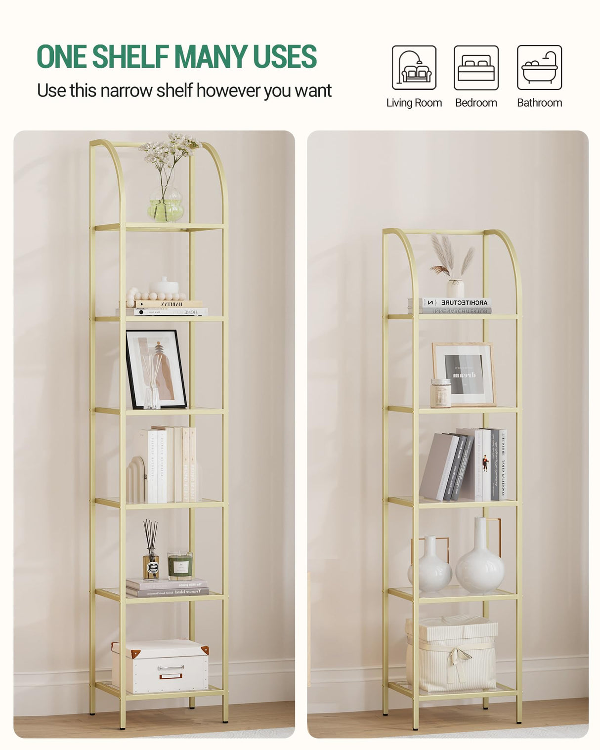 Hzuaneri Gold Arched 6-Tier Tempered Glass Bookshelf for Elegant Storage Hzuaneri