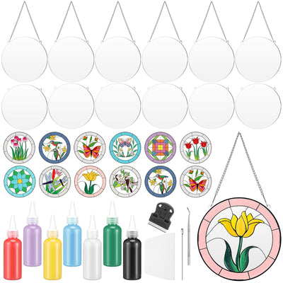 47 Pcs Stained Glass Painting Starter Kit Suncatcher Craft DIY Window Paint Art Including 7 Colors 12 Suncatchers 12 Patterns 12 Chains 4 Tool Set for DIY Project Spring Home Birthday Party Activities