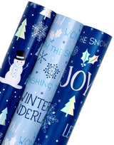 WRAPAHOLIC Christmas Wrapping Paper Roll - Mini Roll - 3 Rolls - 17 Inch x 120 Inch Per Roll - Blue and White Winter Wondland, Snowflake, Snowman Holiday Collection with Metallic Foil Shine WRAPAHOLIC