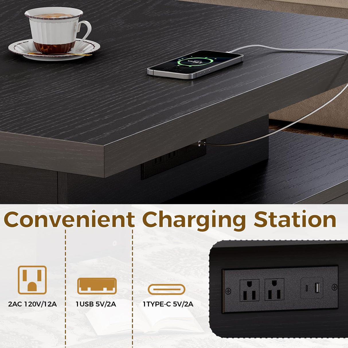 IRONCK Mid Century Modern Coffee Table with LED Lights & Charging Station, 4 Storage Drawers with Grille Design, Square Wood Coffee Table for Living Room Office, (Black) IRONCK