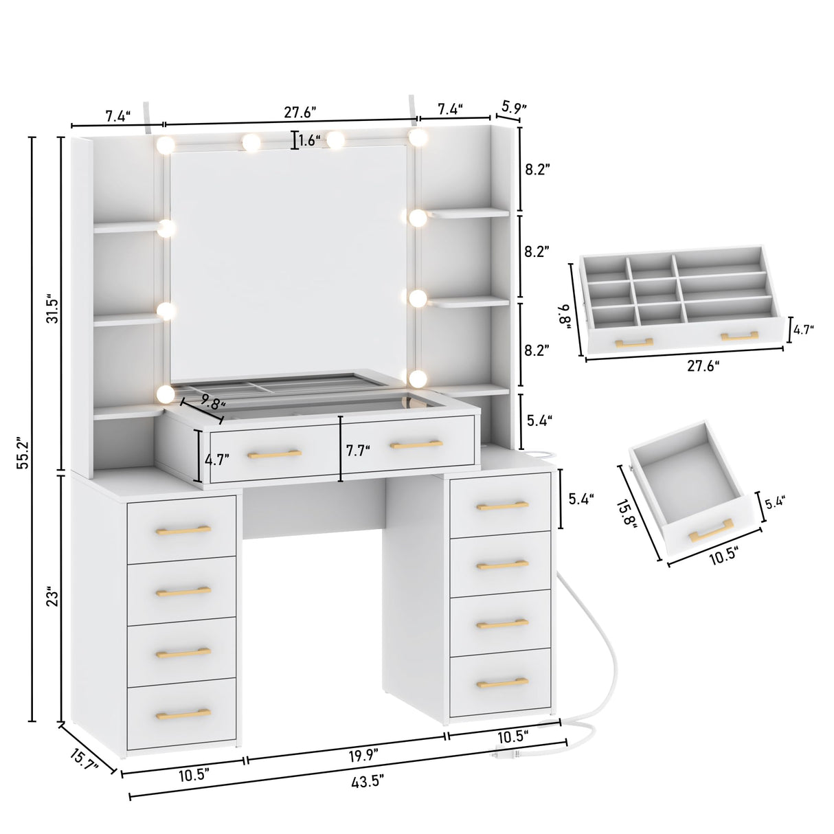 jiteentarou Glass Top Vanity Desk with Mirror and Lights, Large Vanity Makeup Mirror Desk with Charging Station Compartment Storage Drawers, Modern Makeup Vanity with 9 Drawers 6 Shelves, White jiteentarou