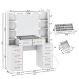 jiteentarou Glass Top Vanity Desk with Mirror and Lights, Large Vanity Makeup Mirror Desk with Charging Station Compartment Storage Drawers, Modern Makeup Vanity with 9 Drawers 6 Shelves, White jiteentarou