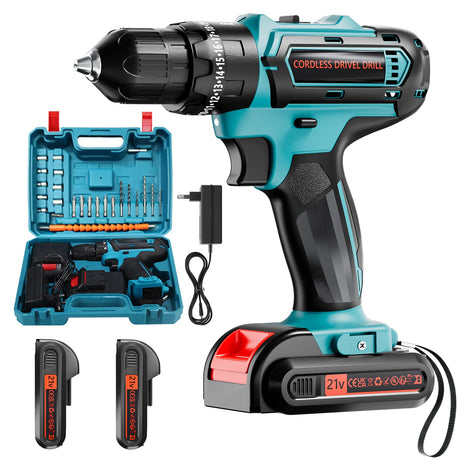 Olubfdh Cordless Drill Set 21V, Power Drill Cordless with 3/8 Inch Keyless Chuck, 25+ 3 Clutch Electric Drill with Work Light, Max torque 45Nm, 2-Variable Speed & 2 Batteries and Fast Charger Olubfdh