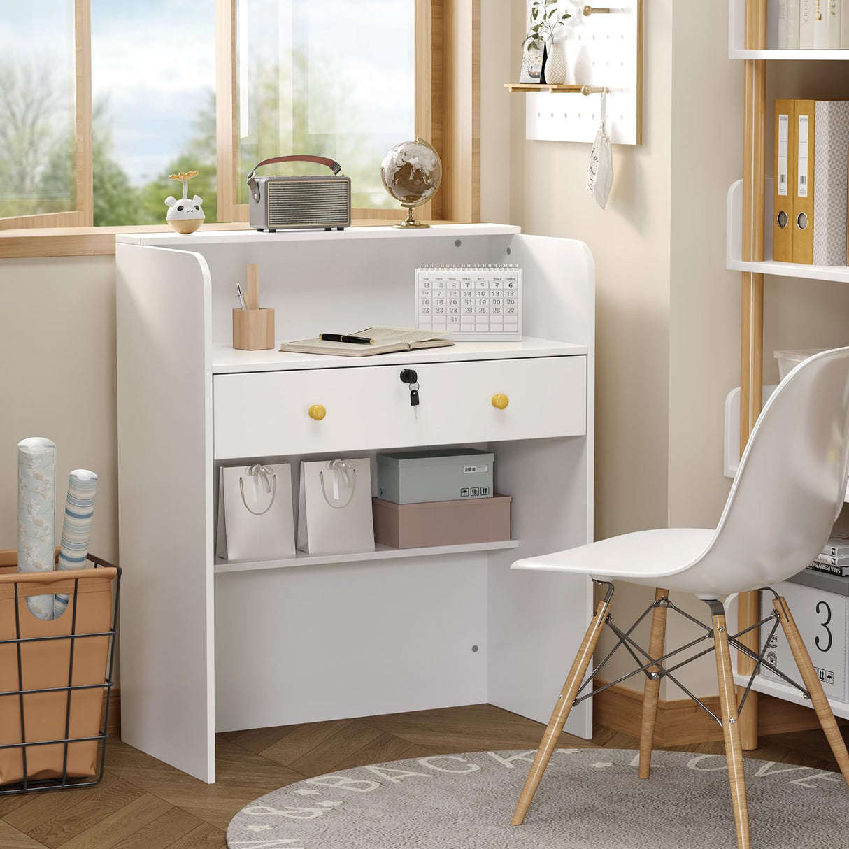 OmySalon Reception Desk with Counter, Small Front Desk w/Lockable Drawer, Wooden Modern Reception Table for Salon Lobby Office Home (White, 32) OmySalon