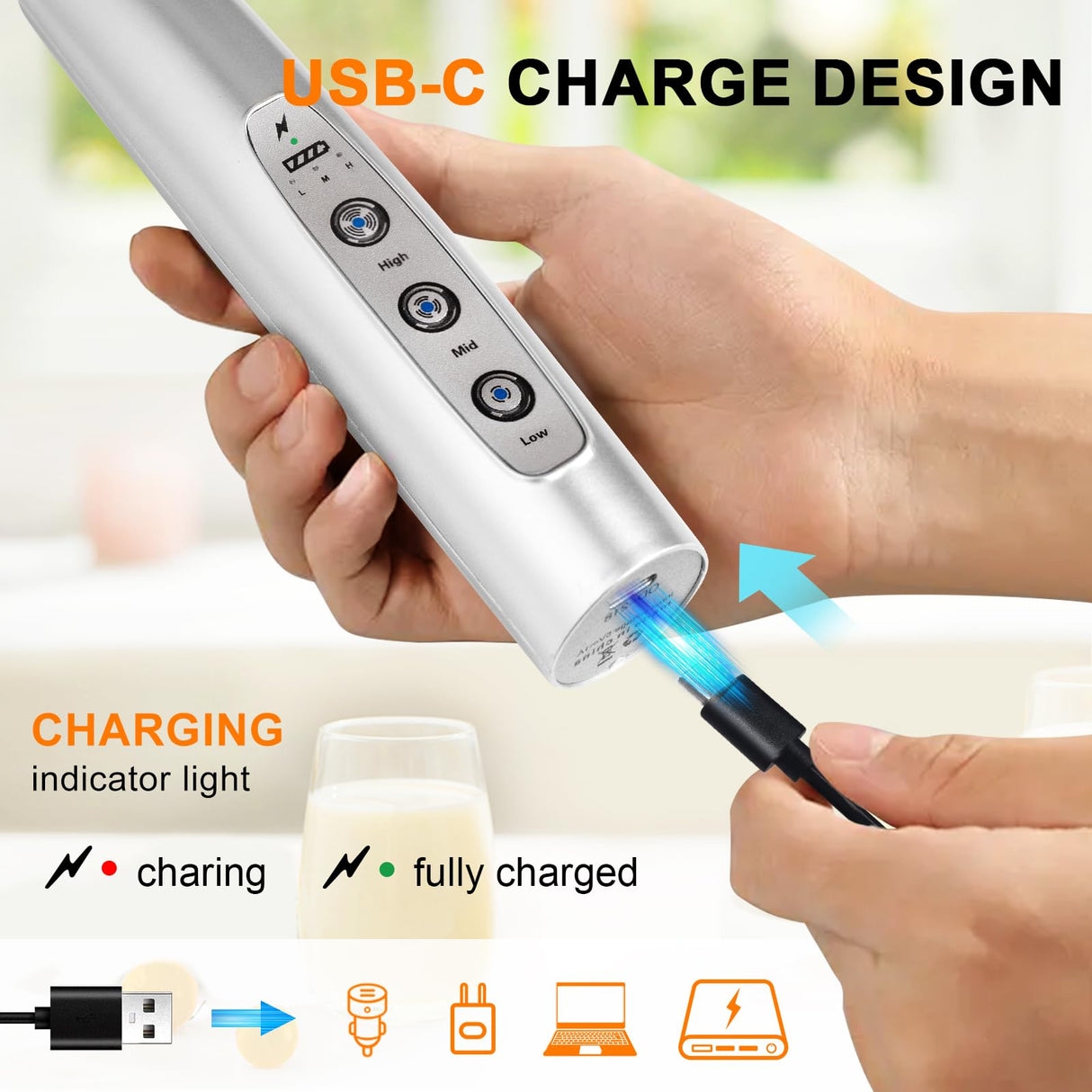 YUSWKO Rechargeable Milk Frother Handheld with 3 Heads, Silver Coffee Electric Whisk Drink Foam Mixer, Mini Hand Stirrer with 3 Speeds Adjustable for Latte, Cappuccino, Hot Chocolate, Egg YUSWKO