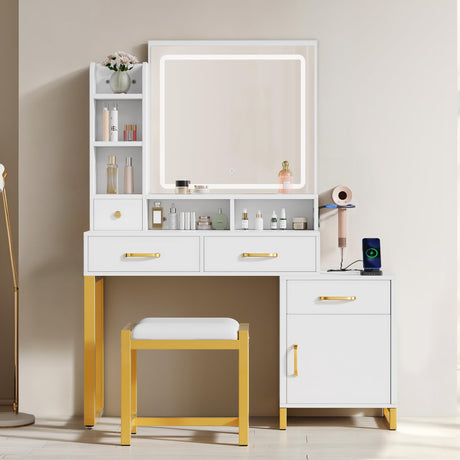 YITAHOME 41.3'' Vanity Desk with Mirror and Lights, Makeup Vanity Set with 4 Drawers, Shelves, Cabinet, Power Outlet, Dressing Table with Stool, 3-Color Adjustable Lighting, Bedroom, Ivory White YITAHOME