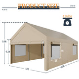 Shintenchi Carport 12' x 20' Heavy Duty Portable Garage, Car Port Canopy with Side-Opening Removable Door & Roll-Up Windows, Car Canopy for Truck,Car,Boat,Motorcycle,Khaki Shintenchi
