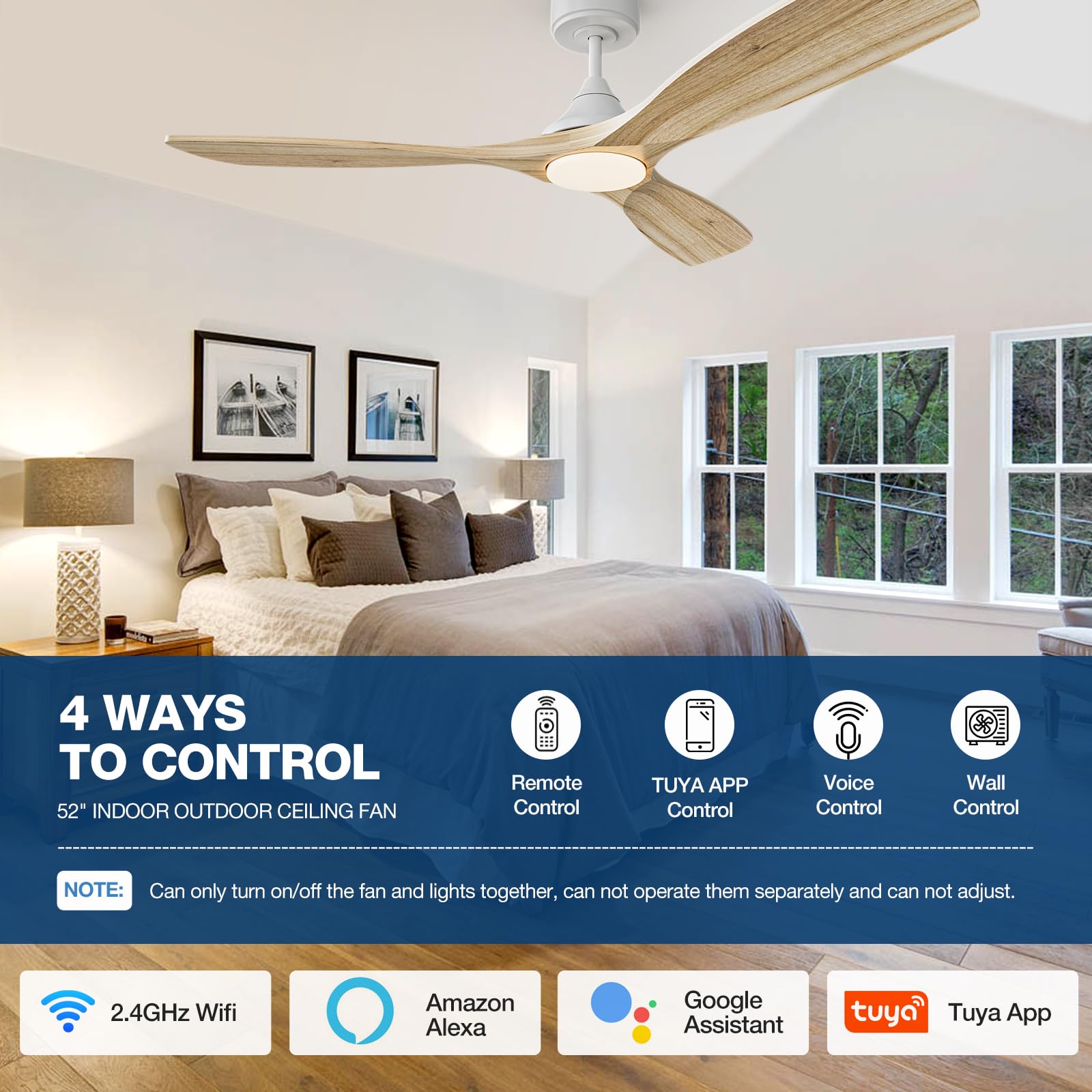 NOPAARD 52 Inch Smart Wood Ceiling Fan with Light, White Ceiling Fans with Remote, Alexa,Wifi and App Controls, Reversible Blades, Quiet DC Motor, Timing, High CFM, Dimmable LED Light, Natura - WoodArtSupply