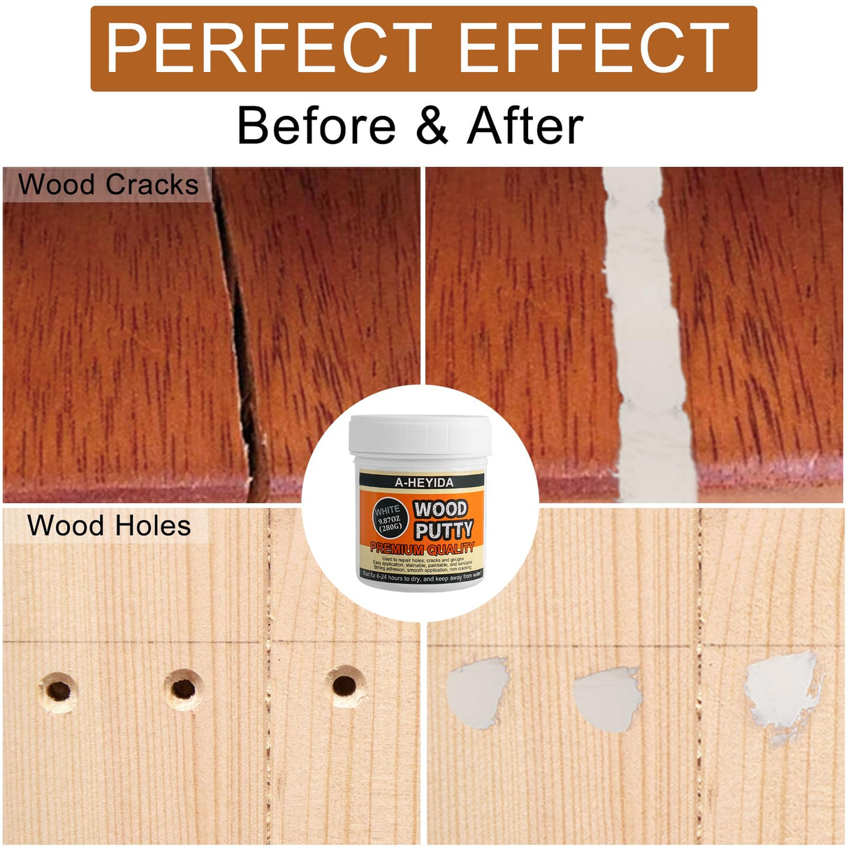 Wood Putty, Wood Filler Putty - White Wood Filler for Trim, Wood Filler Paintable, Stainable, Quickly Repair Wood Cracks and Holes on Wooden Floor A-HEYIDA