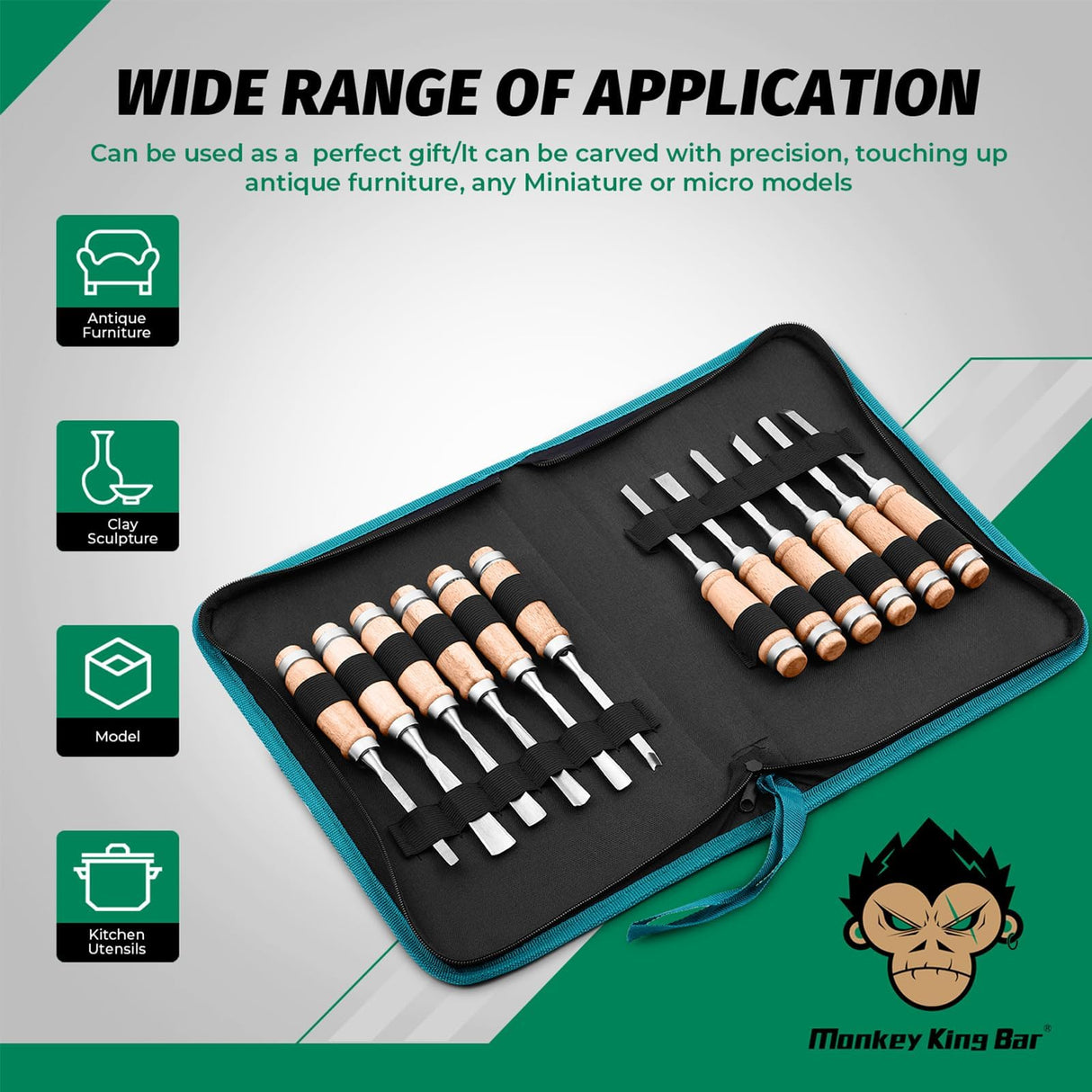 Monkey King Bar-12pcs Wood Carving Chisel Set- Sharp Woodworking Tools with Case Storage Monkey King Bar