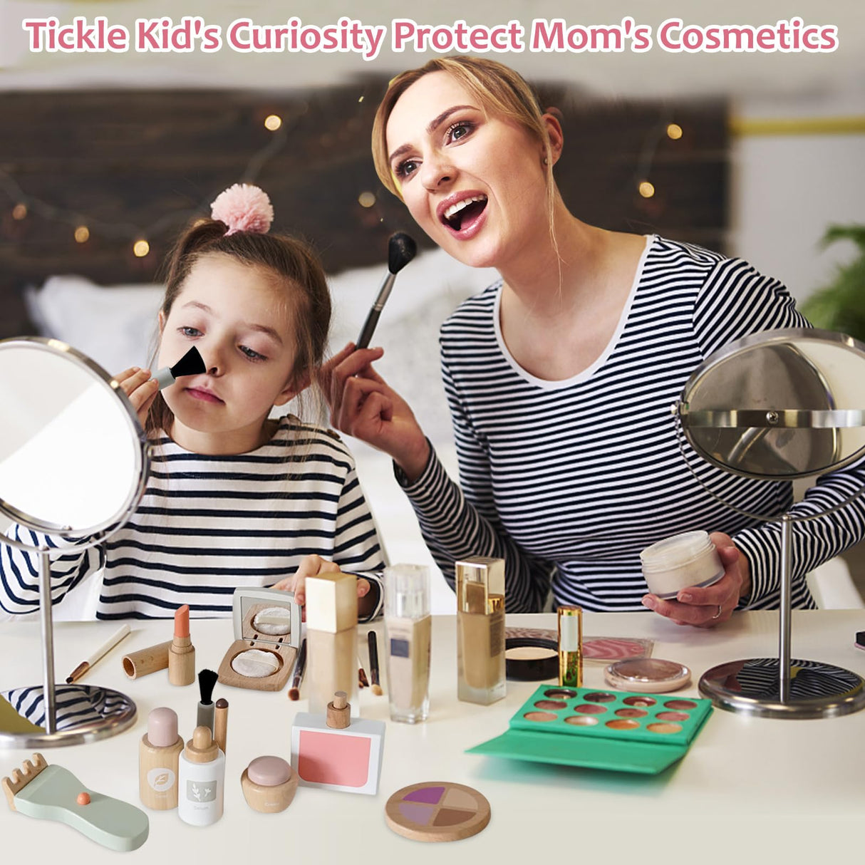 Smartwo Wooden Makeup Toy Set for Toddler Pretend Play 22 PCS Wood Beauty Salon Toys Cute Wooden Makeup Kit with Realistic Accessories Gift for Girls 3 4 5 6 Smartwo