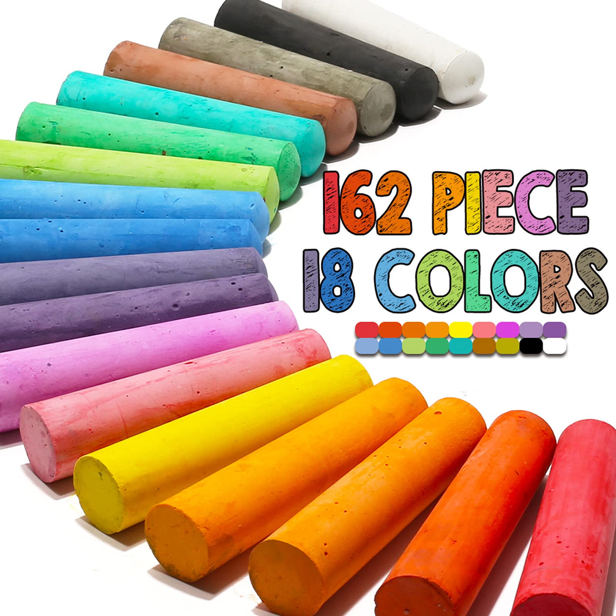 162 Pack 18 Colors Washable Sidewalk Chalk Set, Non-Toxic Jumbo Chalk for Outdoor Art Play, Paint on Playground, School Classroom Chalkboard, Office Blackboard, Outside Toys Gift For Kid and Adult JASNKKONT