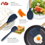 Silicone Cooking Utensils Set - 446°F Heat Resistant Silicone Kitchen Utensils for Cooking,Kitchen Utensil Spatula Set w Wooden Handles and Holder, BPA FREE Gadgets for Non-Stick Cookware (Navy Blue) oannao