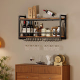 Homeiju Wall Mounted Wine Rack, Bottle & Glass Holder Wood-Metal Retro Wine Rack, Wine Bottles Display Wall Storage for Kitchen Dining Room Home Bar Homeiju