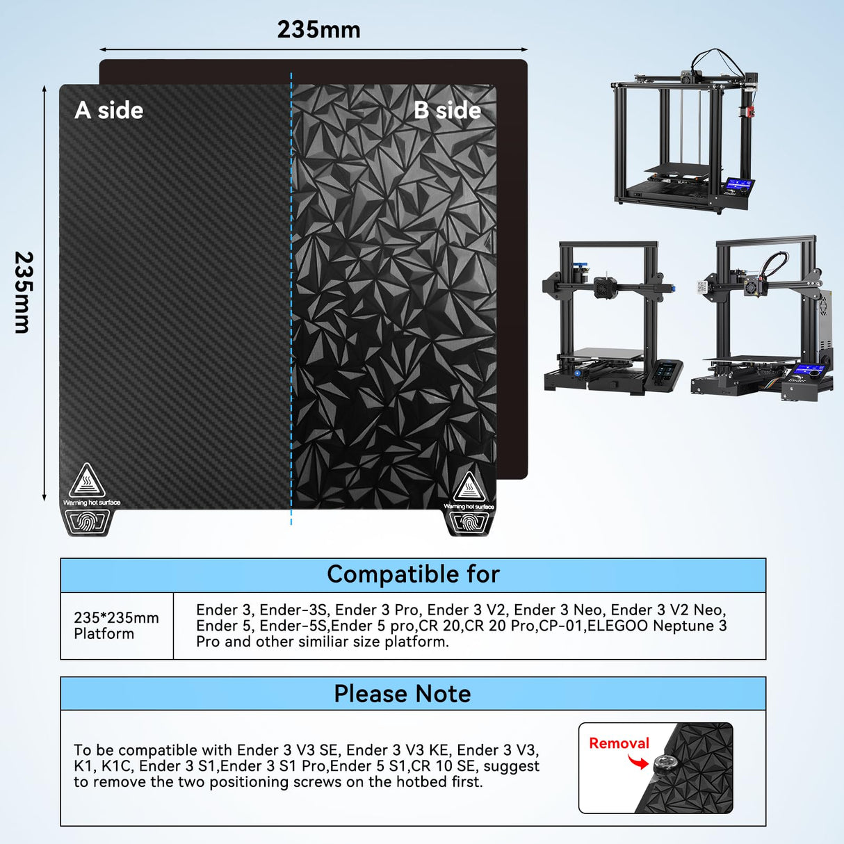ENOMAKER Ender 3/Pro/V2/Neo PEO PET Build Plate,Magnetic Print Bed,Carbon Fiber/Diamond Textured Double Sided Flex Spring Steel Sheet for Creality Ender 5/Pro,Elegoo Neptune 3 Pro 3D Printer 235x235mm ENOMAKER