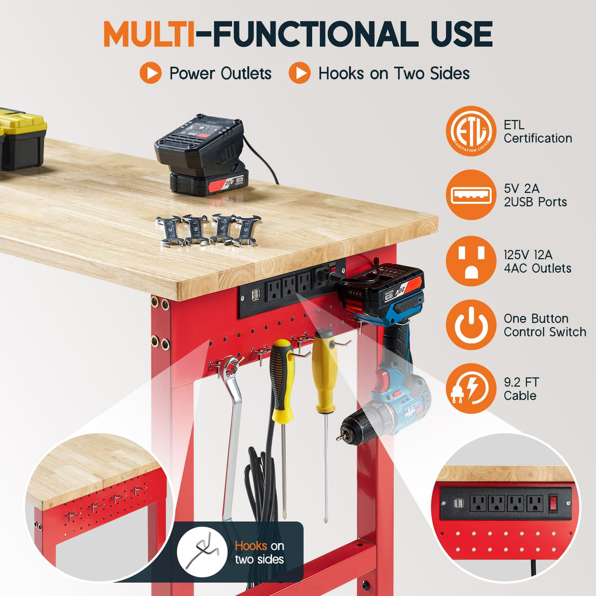 Albott Adjustable Workbench, 28.7-38.6" Height, Rubber Wood Top, Heavy-Duty Design with Power Outlets & Hooks, 2000 LB Capacity for Garage, Workshop, Home, or Office，Red Albott