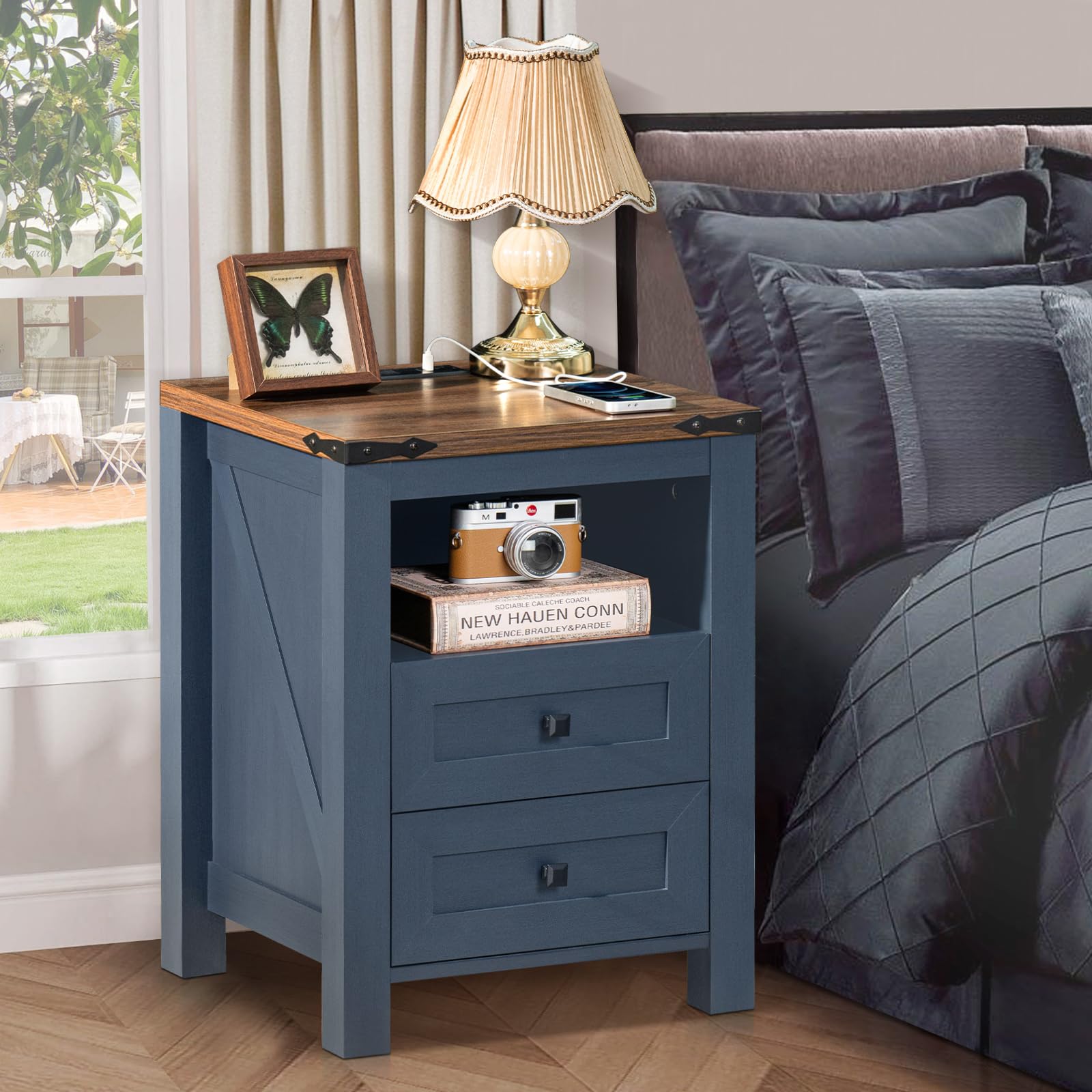 Joaxswe Nightstand with Charging Station, Farmhouse Night Stand with 2 Drawers and Shelf Storage, Blue Wooden Side End Table, Bedside Cabinet for Bedroom, Living Room, Closet,Office - WoodArtSupply