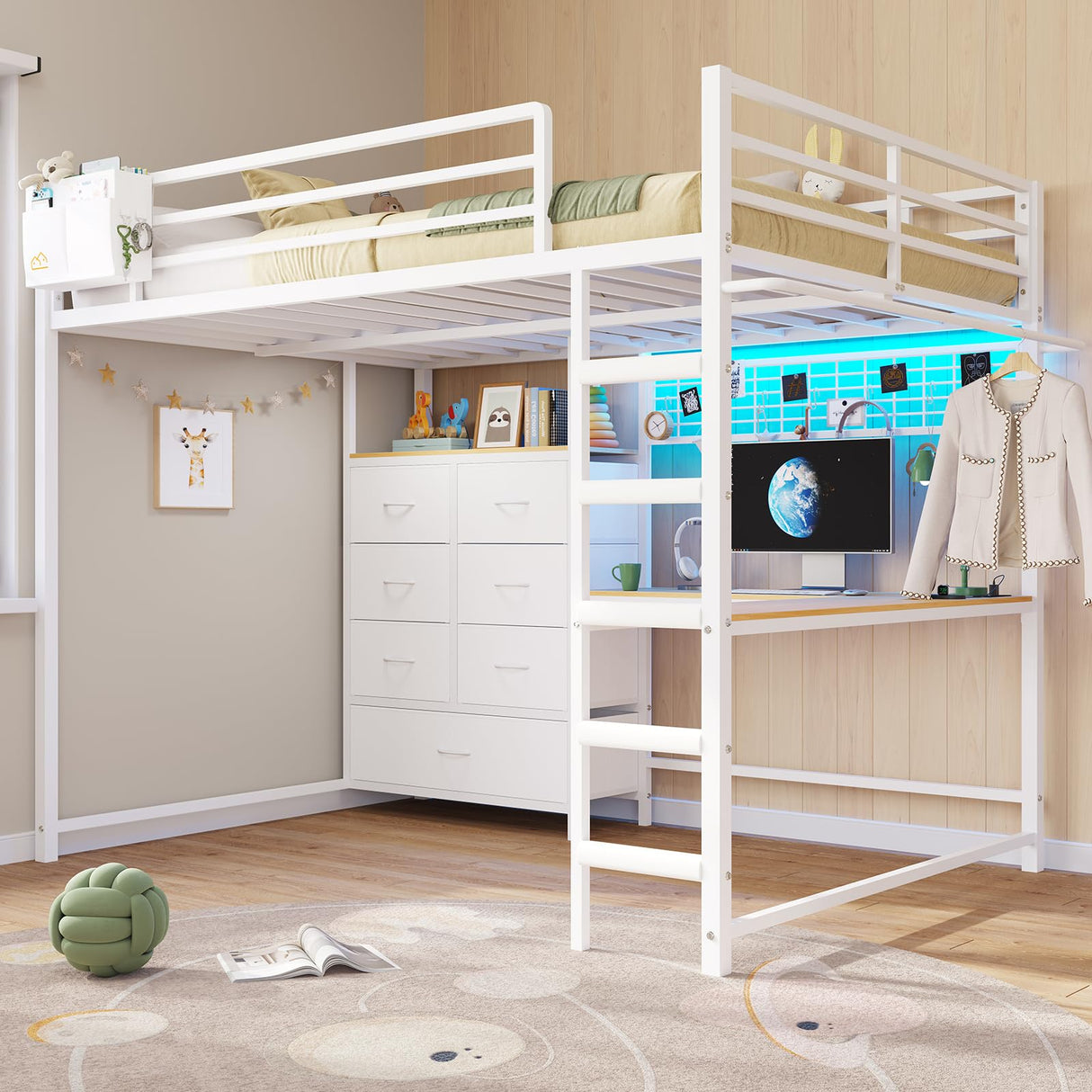 DICTAC Full Loft Bed with L-Shaped Desk and 7 Storage Drawers, Metal Full Size Loft Bed for Teen with LED Lights and Charging Station,13.11" H Safety Guardrail and Ladder,No Box Spring Needed, White DICTAC