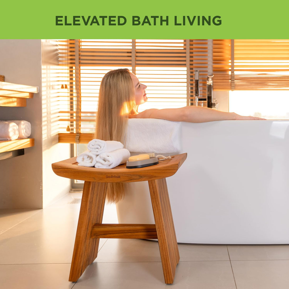 GREENTEAK Premium 18" Teak Shower Bench, Waterproof Teak Shower Stool, Wooden Stool for Bathroom, Teak Wood Shower Seat Chair for Shower Storage Shelf, 300 Lbs Capacity, Provides Safety GREENTEAK