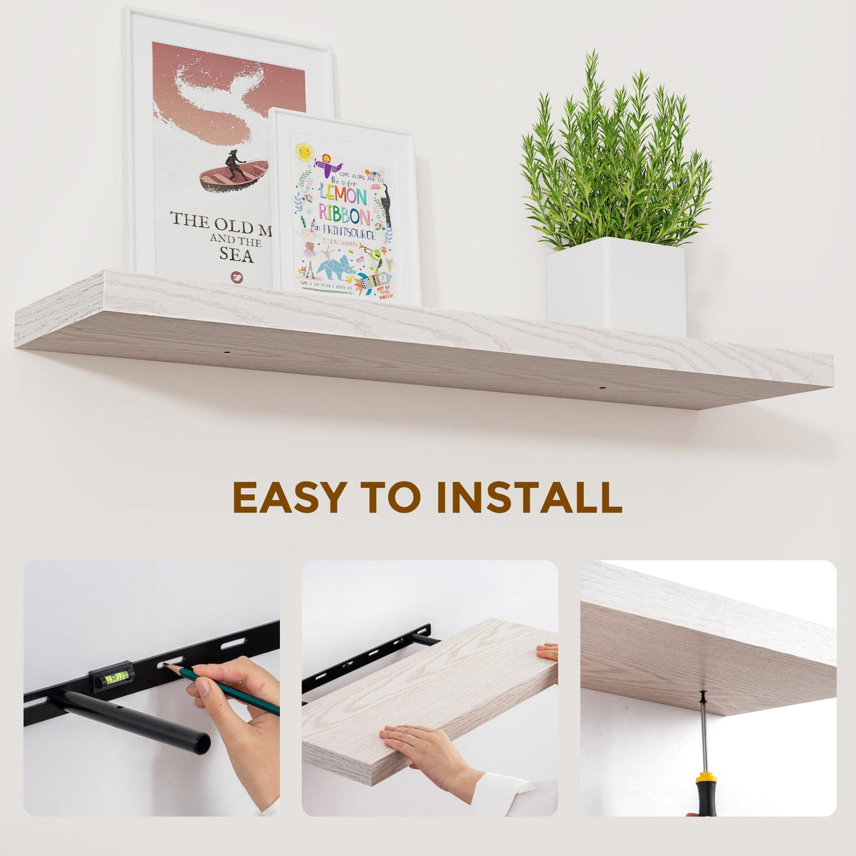 Fun Memories 24W x 9.3D Floating Shelves, 9.3" Deep Wall Shelves Set of 2, Farmhouse Rustic Wood Shelf 24 Inch Long, Large Display & Storage Shelves for Book, Living Room, Bathroom, Kitchen - Brich Fun Memories