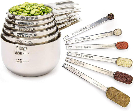 Simply Gourmet Measuring Cups and Spoons Set of 12, 304 Premium Stainless Steel, Stackable Cups Long Handle Spoons Fits Narrow Jars, Kitchen Gadgets for Liquid & Dry Ingredients Cooking Baking Simply Gourmet
