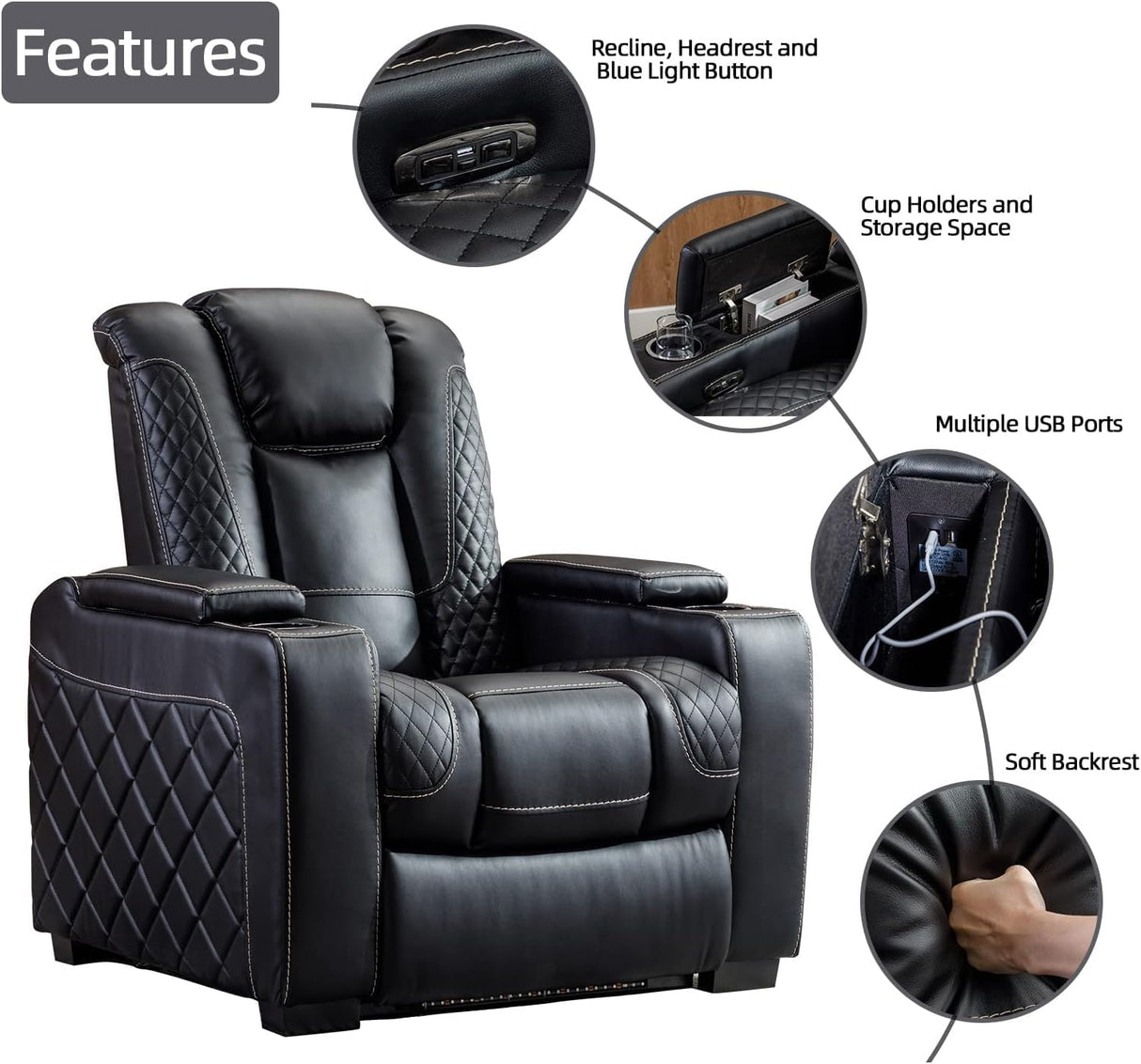 CANMOV Electric Power Recliner Chair with Ambient Lighting, Faux Leather Dual Motor Power Home Theater Seating with Adjustable Headrest, Hidden Arm Storage,Cup Holders,USB Ports (Single, Black) CANMOV