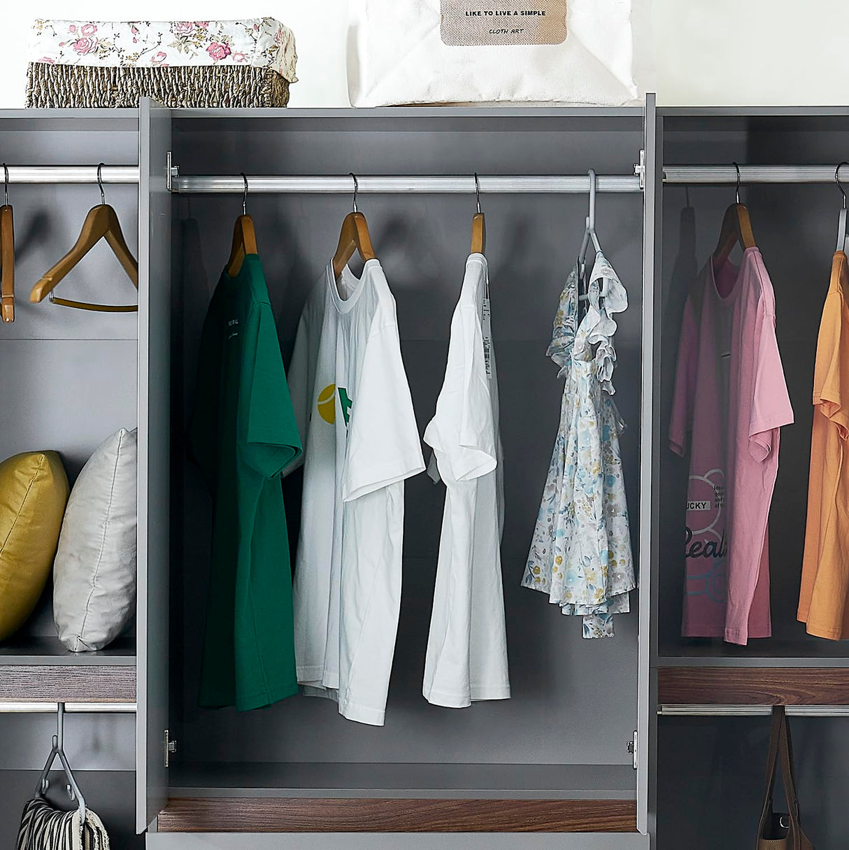 GraceGrove 4-Door Wooden Gray Armoire Wardrobe Closet with 3 Drawers for Bedroom Storage Wardrobe Closet Wood with Hanging Rod with Large Storage Wardrobe with Drawers 63" L x 20.3" W x 72" H GraceGrove