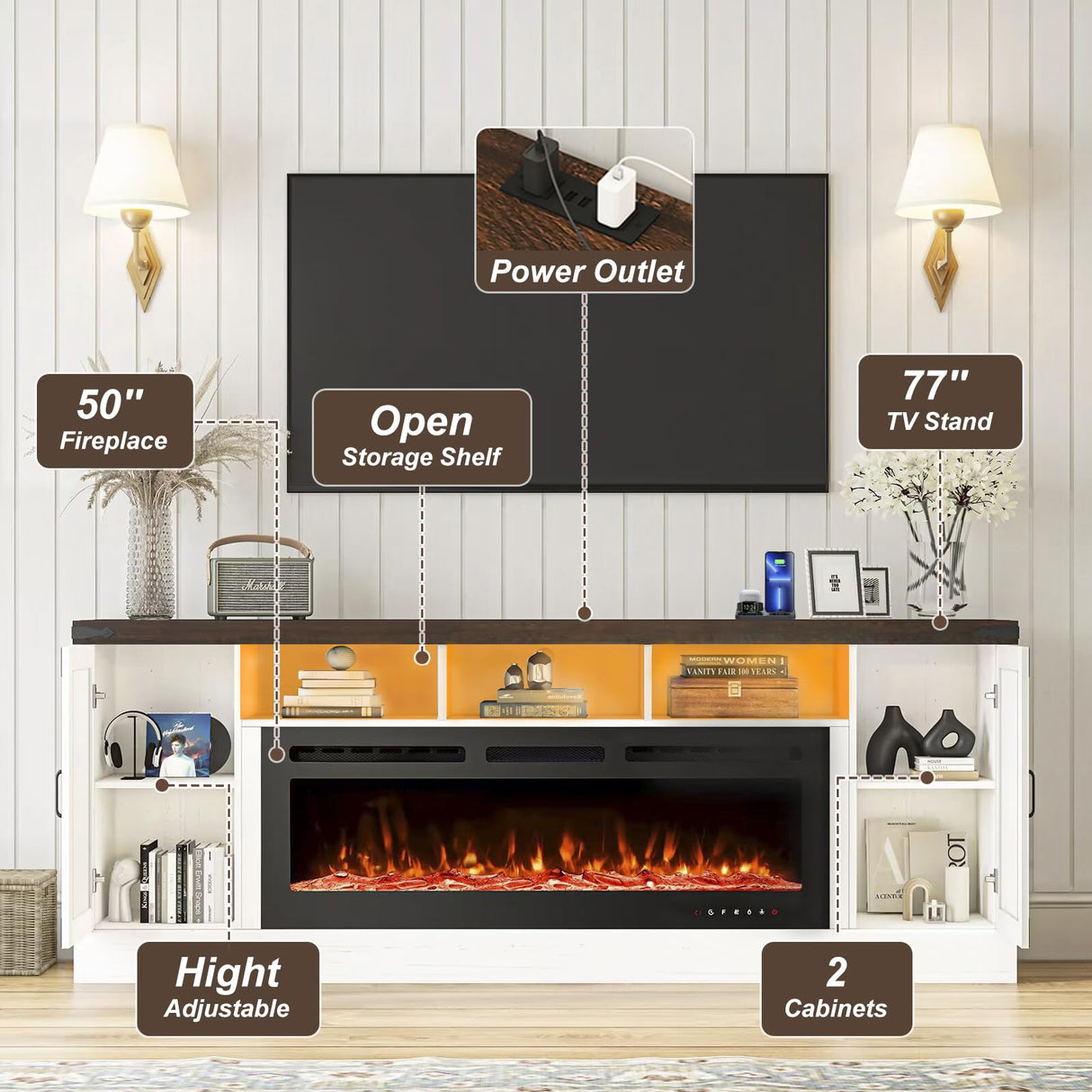 77" Fireplace TV Stand for 85 Inch TV, 50'' Electric Fireplace, Power Outlet, LED Farmhouse Media Entertainment Center Console Table for Living Room, White JassmiPkwy