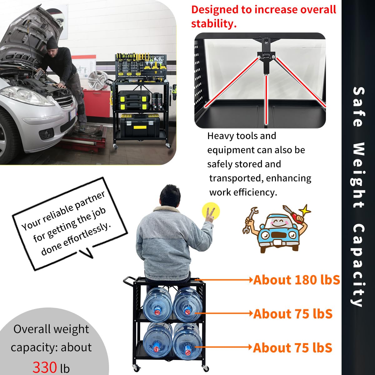 Lumizone 3-Tier Foldable Rolling Tool Cart with Wheels, Utility Cart with Pegboard for Garage Organizer and Tool Storage, Power Tool Storage Cart on Wheels (Tool Cart) lumizone