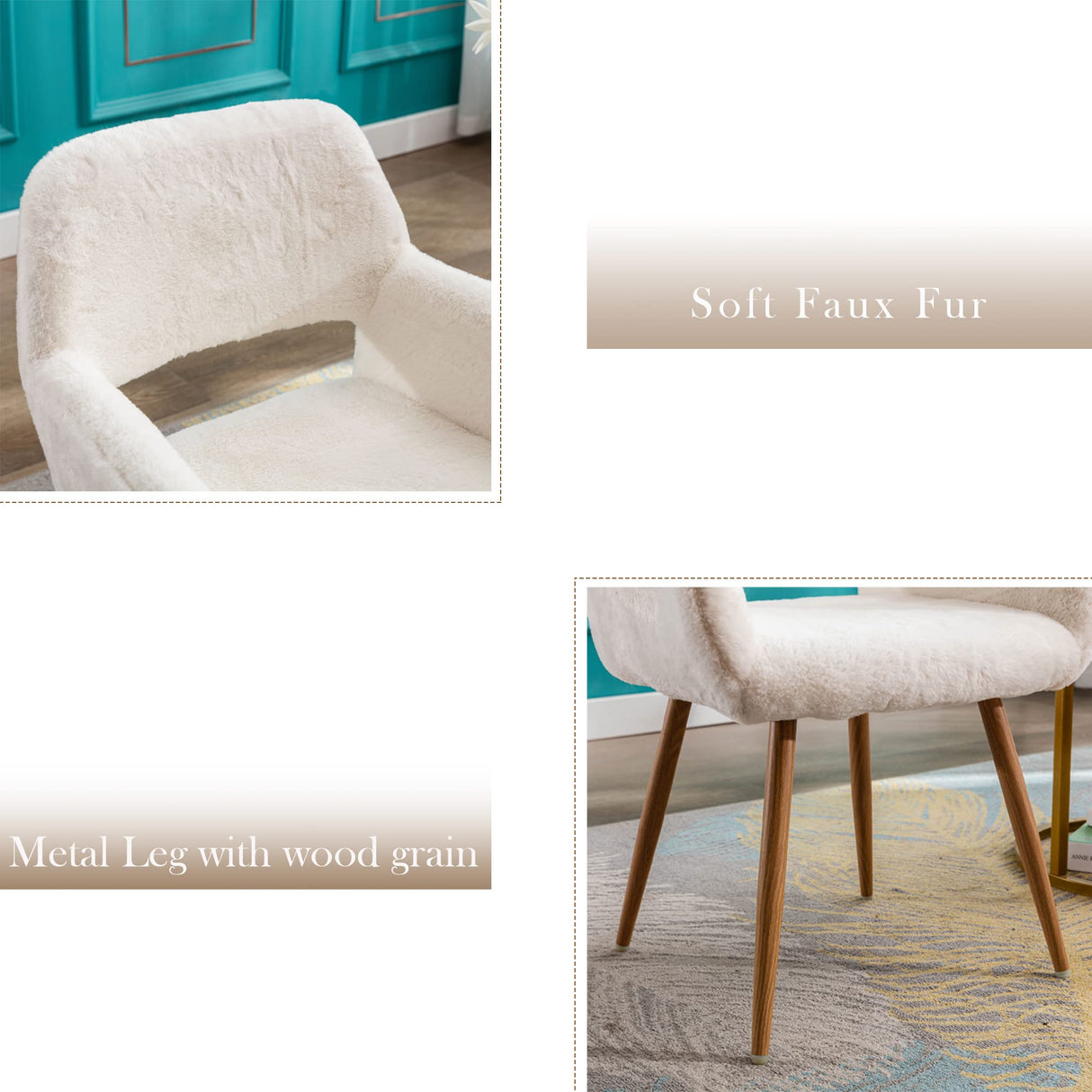 KCC Furry Desk Chair, Mid-Century Modern Accent Comfy Armchair with Faux Fur for Teen Girls, Wood Look Metal Legs Living Dining Room, Home Vanity Makeup Office No Wheel, White. KCC