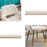 KCC Furry Desk Chair, Mid-Century Modern Accent Comfy Armchair with Faux Fur for Teen Girls, Wood Look Metal Legs Living Dining Room, Home Vanity Makeup Office No Wheel, White. KCC