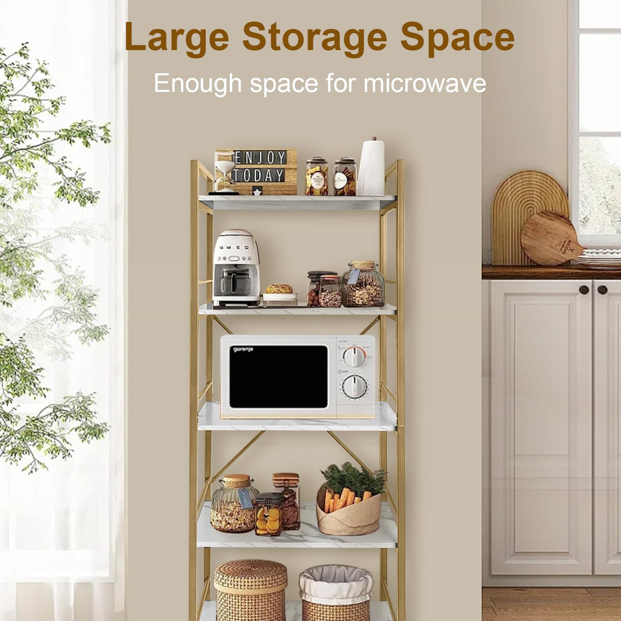 AT-VALY 5-Tier Bakers Rack with Storage Shelf,Free Standing Kitchen Storage Shelf Rack 23.6 L x 15.7 W x 62.6 H (Gold) AT-VALY