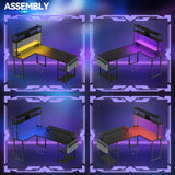 Aheaplus Small L Shaped Gaming Desk with LED Lights & Power Outlets, Reversible L-Shaped Computer Desk with Monitor Stand & Storage Shelf, Corner Desks Home Office Desk with Storage Bag, Black Aheaplus