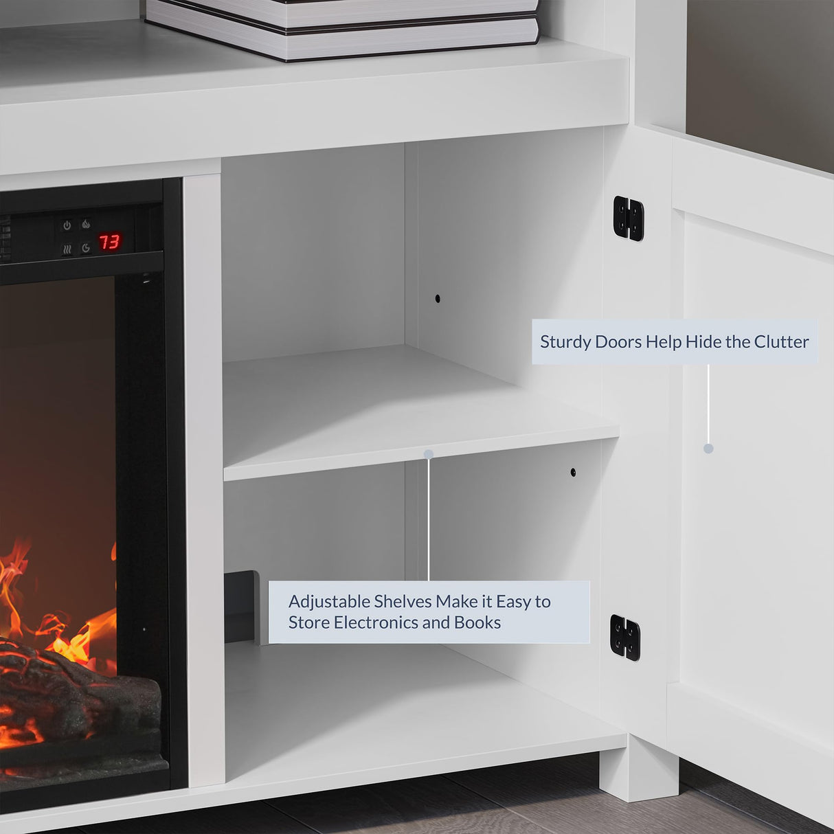 BELLEZE Modern 48" Barn Door Wood TV Stand with 18" Electric Fireplace Heater & Media Entertainment Center Console Table for TV up to 50" with Two Open Shelves and Cabinets - Corin (White) BELLEZE