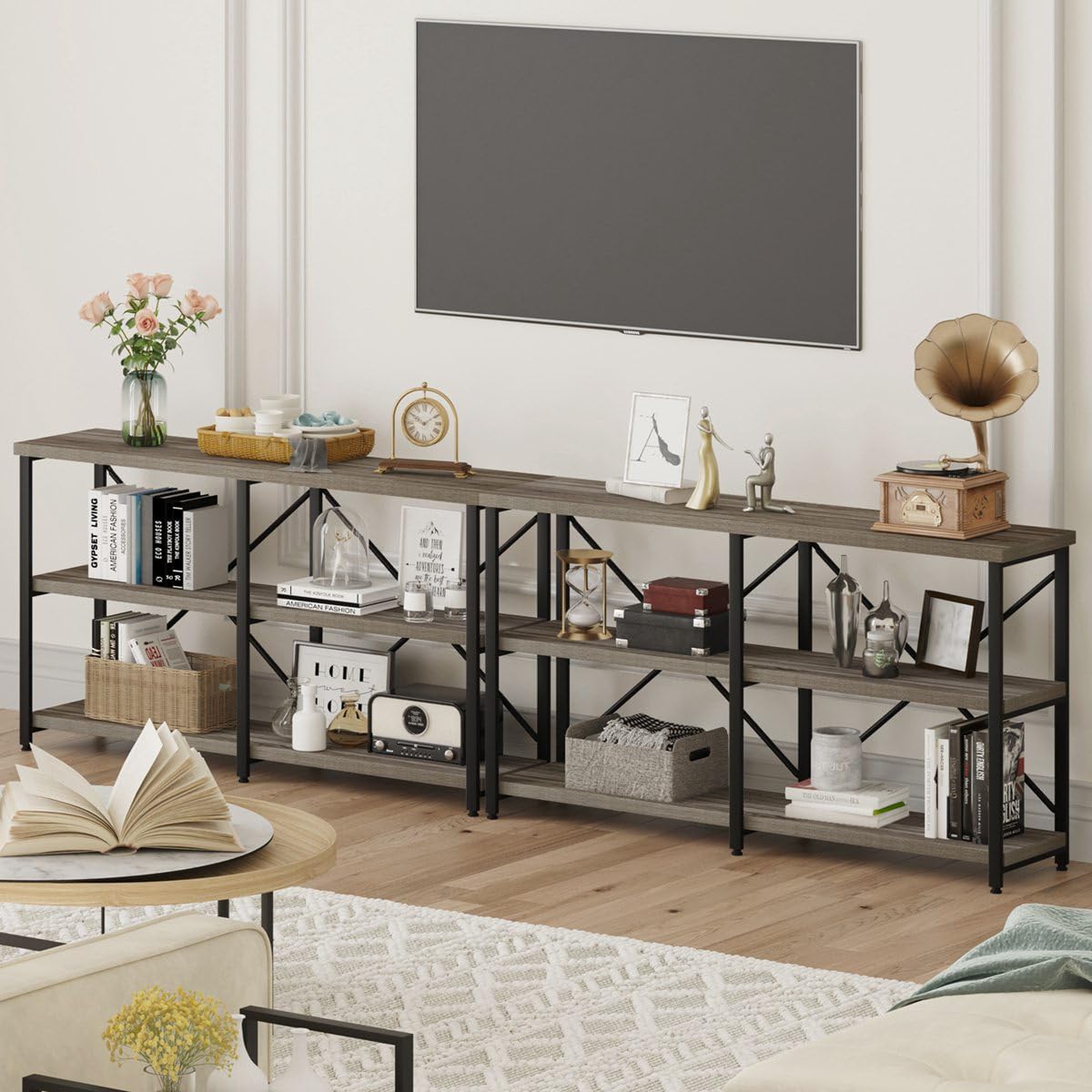 BON AUGURE 55 Inch Console Tables for Entryway, Industrial Sofa Tables for Living Room, 3 Tier Behind Couch Table, Modern Entryway Tables for Foyer (Dark Grey Oak) BON AUGURE