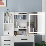 JBLCC Vanity Desk with Lighted Mirror, Large Makeup Vanity with Sliding Mirror, Storage Drawer & Chair, White Vanity Set Dressing Table for Bedroom (QW56LED) JBLCC