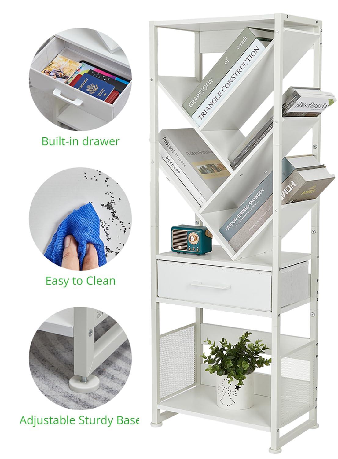 ZEXVIDA Bookshelf with Drawer,8 Tier Tree Bookcase Retro Floor Standing Bookshelves,Tall Wood Bookcases with Cabinet Storage Organizer for Living Room, Bedroom & Home Office, White ZEXVIDA