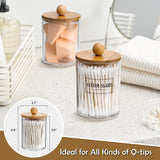 4 Pack Qtip Holder Dispenser with Bamboo Lids - 10 oz Clear Plastic Apothecary Jar Containers for Vanity Makeup Organizer Storage - Bathroom Accessories Set for Cotton Swab, Ball, Pads, Floss VITEVER