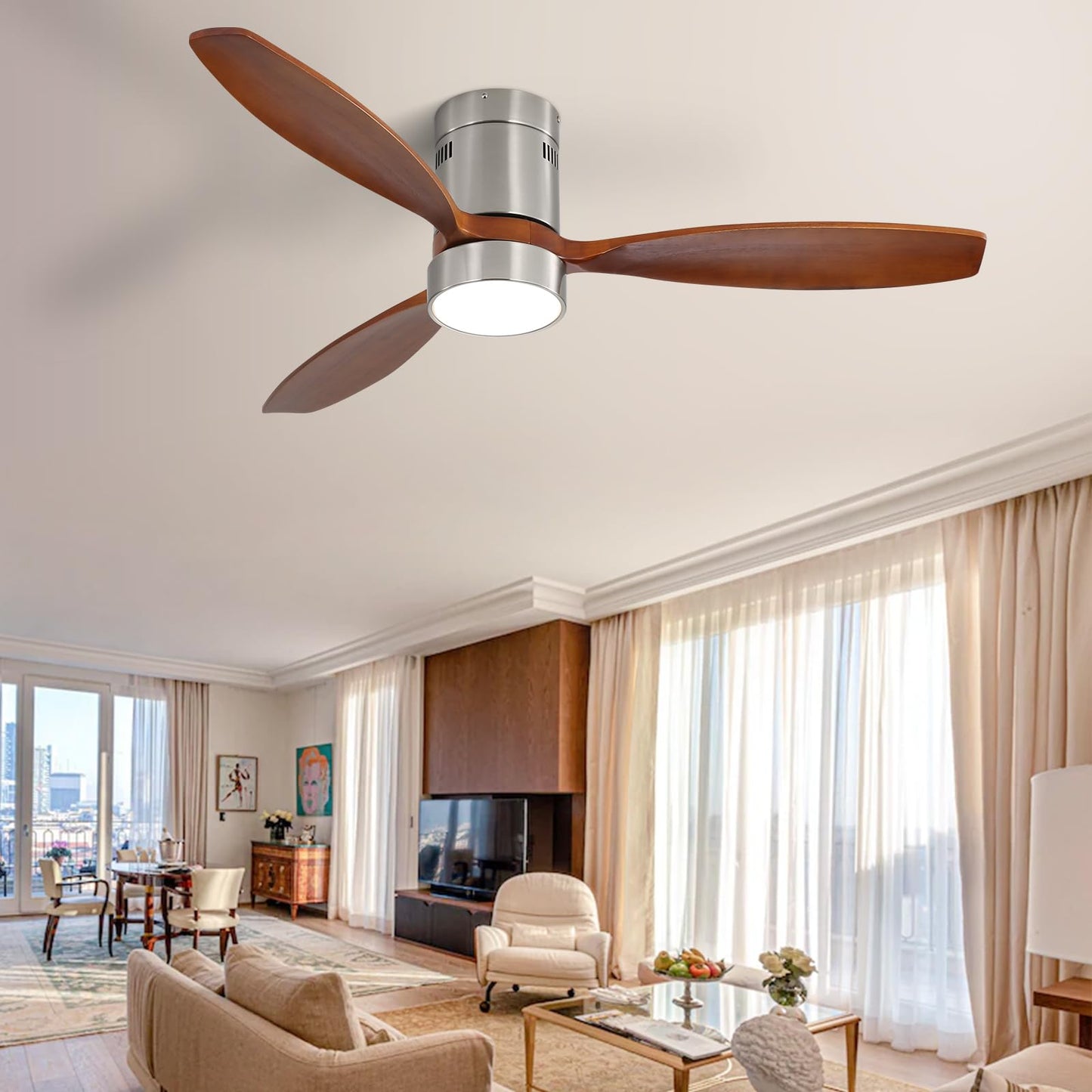 Sofucor 52 Inch Low Profile Ceiling Fan with Lights Remote Control Wood Blades Reversible DC Motor Modern Ceiling Fan for Kitchen, Bedroom, Basement, Dining, Living Room, Dark wood