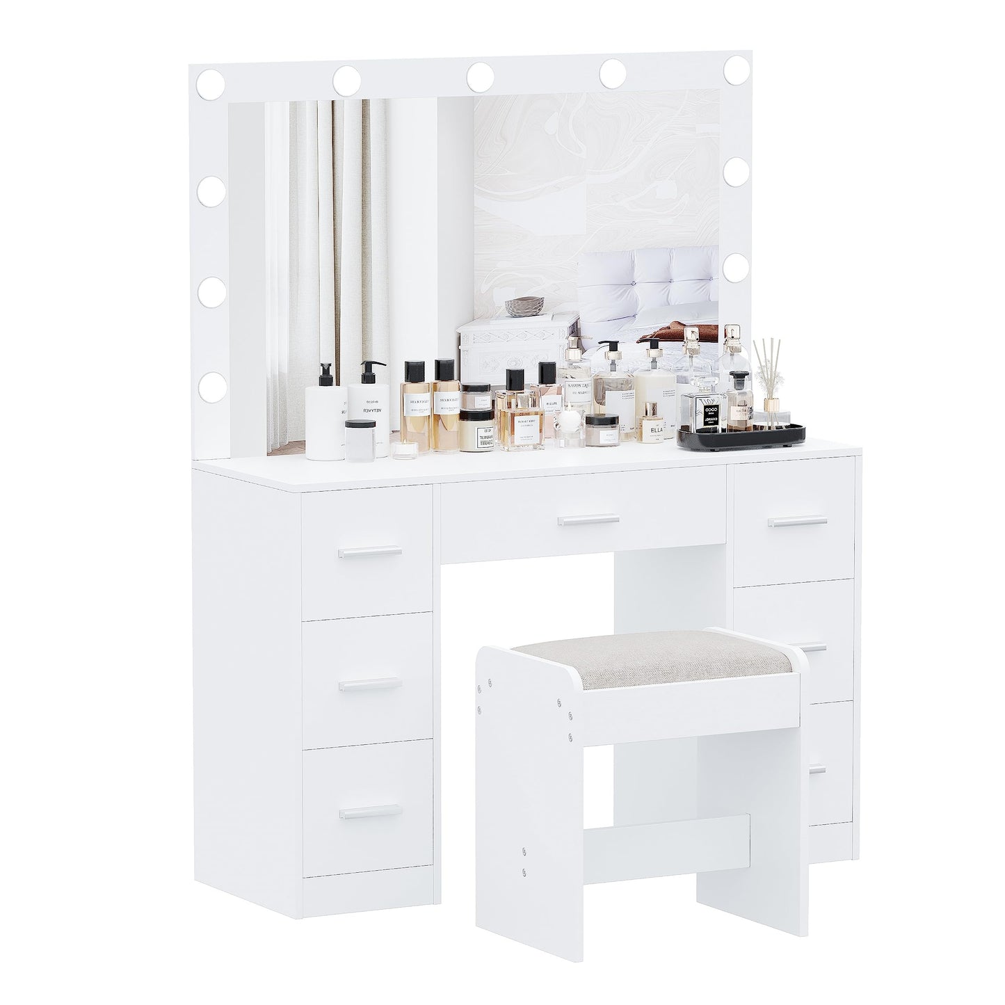 Irontar Vanity Desk with Stool, Makeup Table with Lighted Mirror, 3 Color Lighting Modes, Brightness Adjustable, Dressing Table with Drawers, Vanity Table Set for Women, White WDT004WD - WoodArtSupply