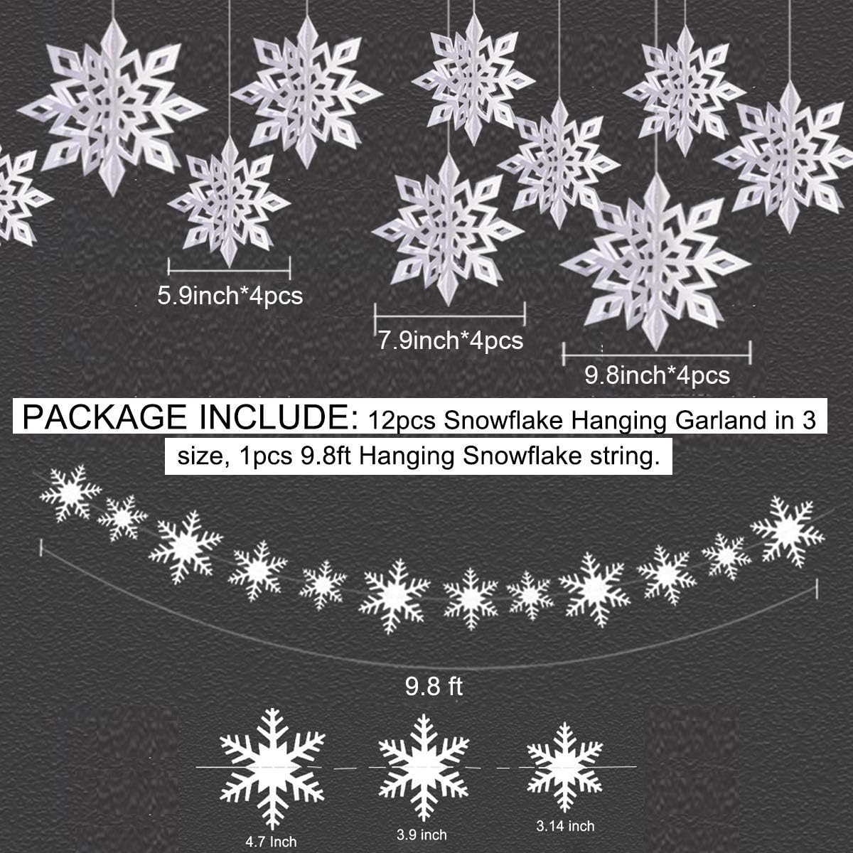 OuMuaMua Winter Christmas Hanging Snowflake Decorations, 12PCS Snowflakes Garland & 12PCS 3D Glittery Large White Snowflake for Christmas Winter Wonderland Holiday New Year Party Home Decorations OuMuaMua
