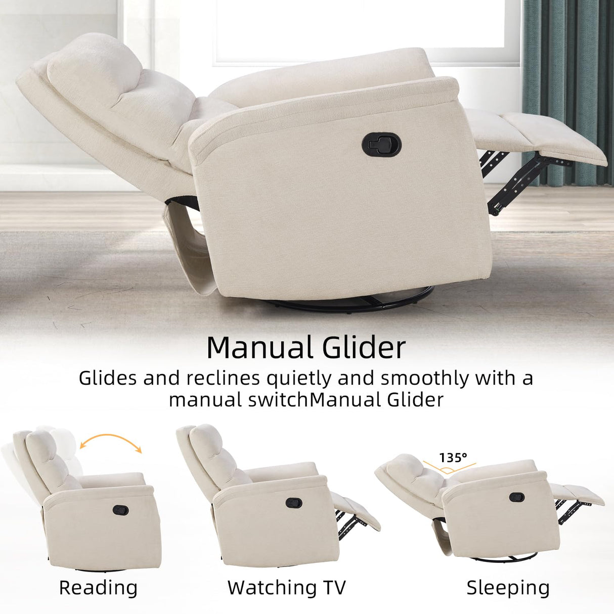 INZOY Swivel Rocker Recliner, Nursery Glider Chair, Manual Chairs Swivel Glider Recliners with Soft Backrest, Fabric Manual Reclining Sofa for Living Room Bedroom Apartment, Beige INZOY