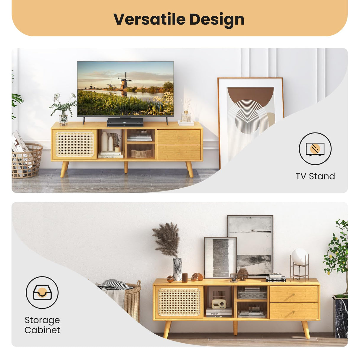 Giantex Bamboo TV Stand for 55 60 65 Inch TV, PE Rattan Entertainment Center with Sliding Doors, Drawers, Open Shelves, 5 Solid Wood Legs, 2 Cable Holes, TV Console Table for Living Room, Bedroom Giantex