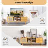 Giantex Bamboo TV Stand for 55 60 65 Inch TV, PE Rattan Entertainment Center with Sliding Doors, Drawers, Open Shelves, 5 Solid Wood Legs, 2 Cable Holes, TV Console Table for Living Room, Bedroom Giantex