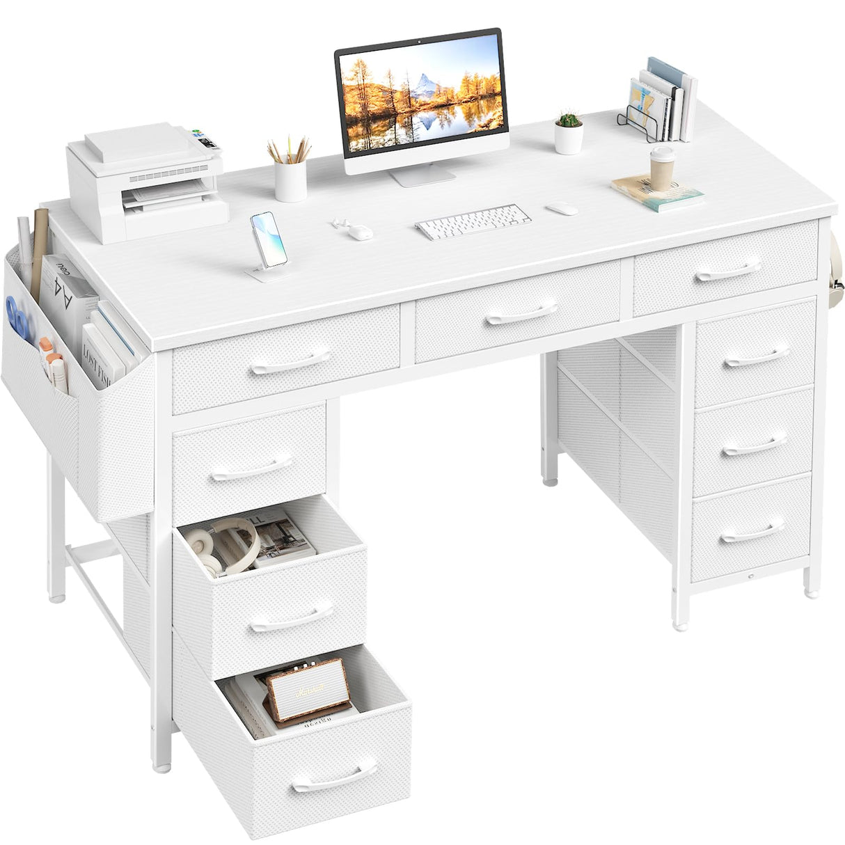 Lufeiya 47 Inch Computer Desk with 9 Drawers, Office Desk Work Desk for Home Office, Study, Writing, Vanity Desk with Fabric Drawers on Both Sides, Large Storage, White Lufeiya