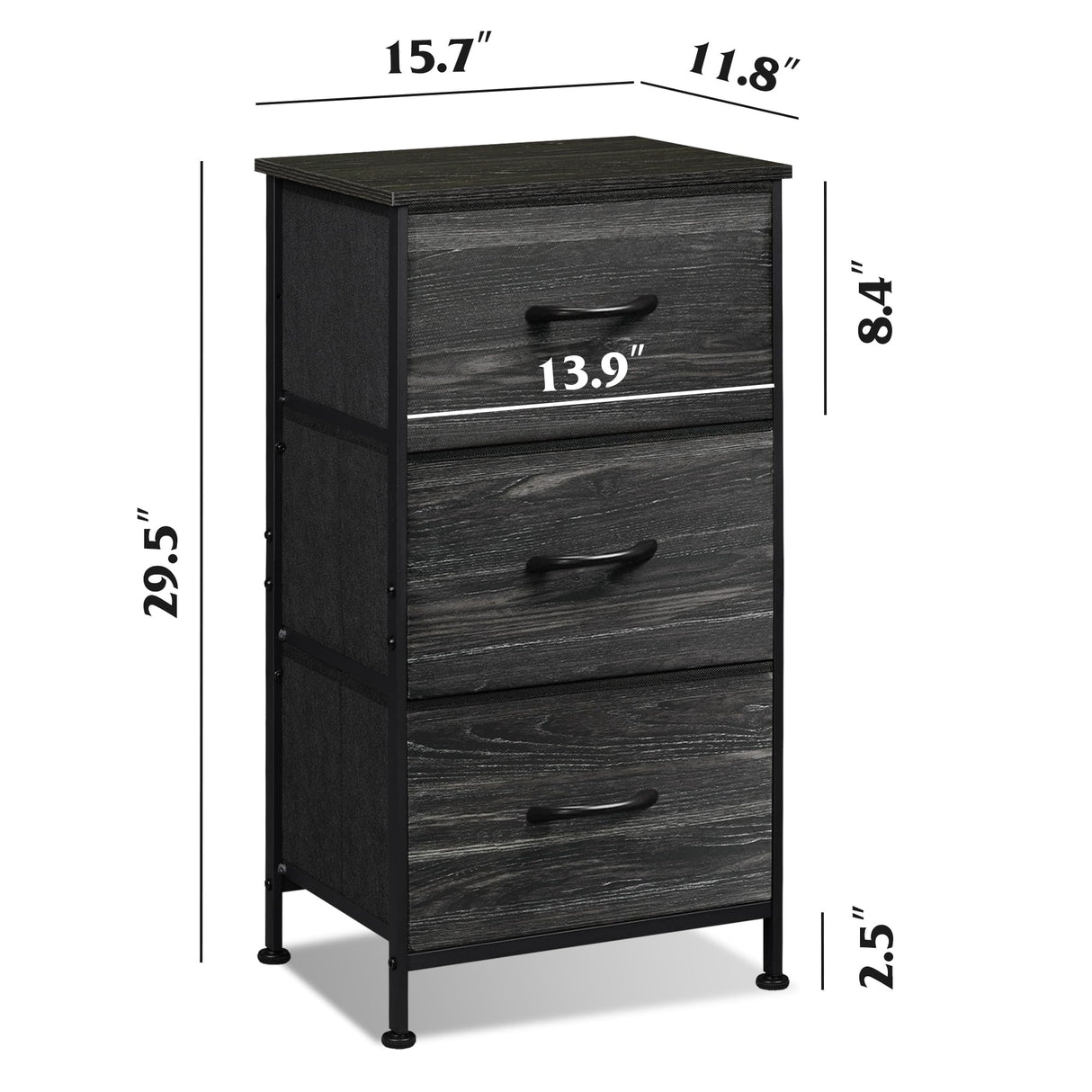 WLIVE Nightstand with 3 Drawers, Fabric Dresser, Organizer Unit, Storage Dresser for Bedroom, Hallway, Entryway, Closets, Steel Frame, Wood Top, Easy Pull Handle, Charcoal Black Wood Grain Print WLIVE