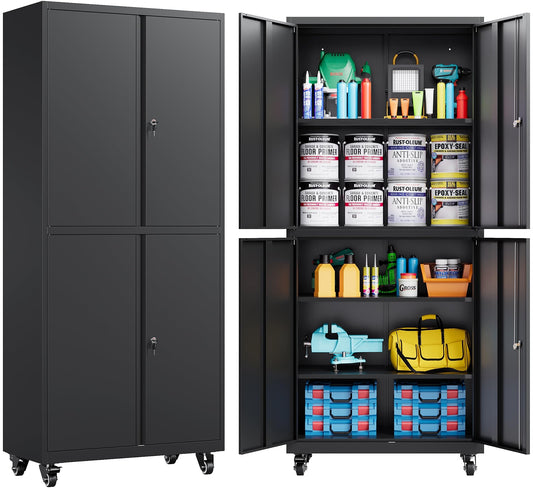 SISESOL Metal Storage Cabinet with Wheels,Rolling Garage Storage Cabinet with Lock,Black Metal Cabinet with Shelves,Tool Cabinet,Tall Storage Cabinet on Wheels for Garage,Home,Office,Shop - WoodArtSupply