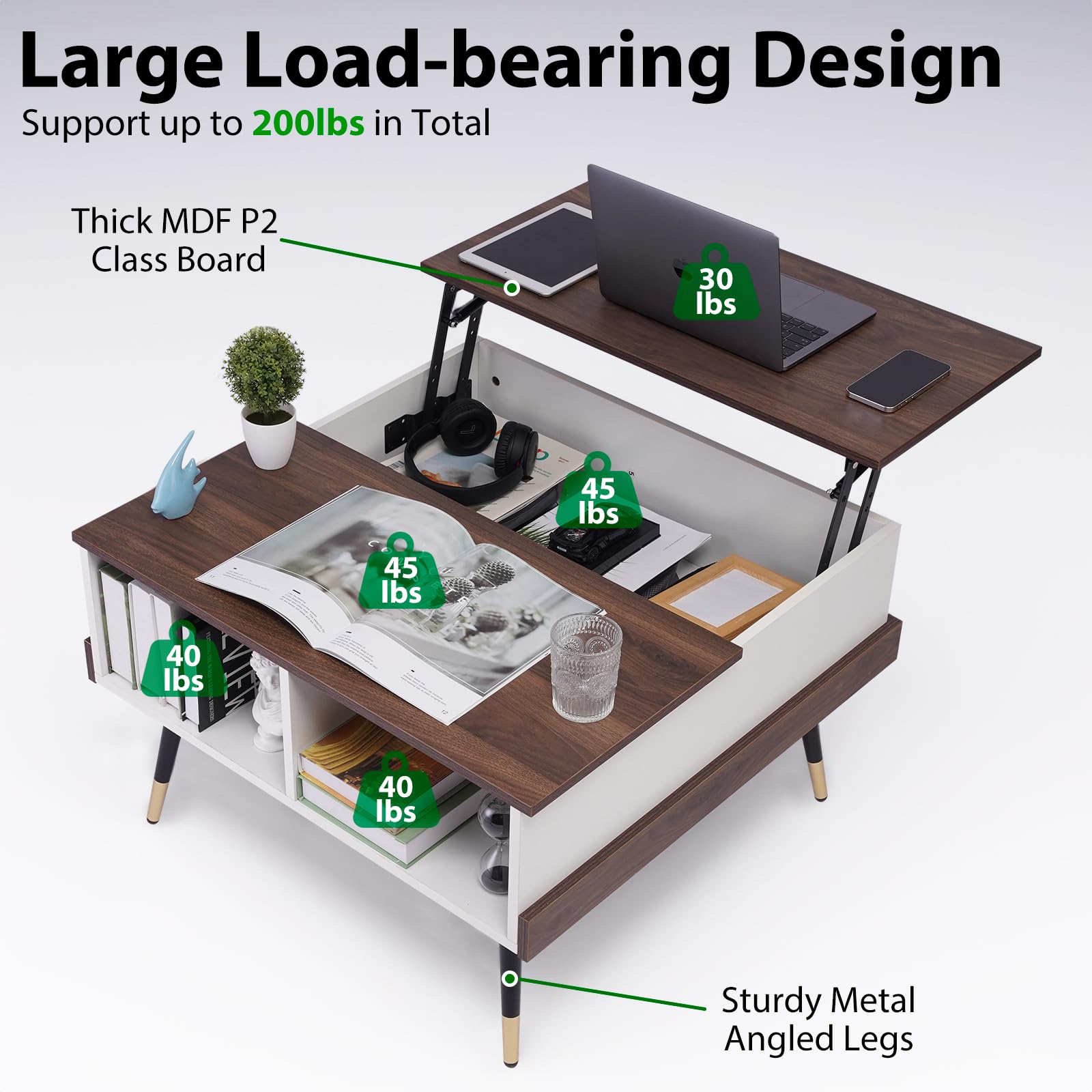 TOPSKY Lift Top Coffee Table, Square Coffee Table with Storage Shelves (Light Walnut) - WoodArtSupply