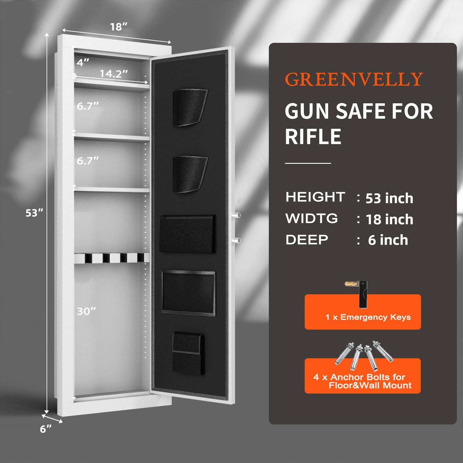 Greenvelly in Wall Gun Safe with Fingerprint, Assembled Gun Safes for Rifles and Pistols with Adjustable Rifle Rack, Fireproof Wall Safe Between Stud, 4 Rifle Safe with 3 Removable Shelf (Whi - WoodArtSupply