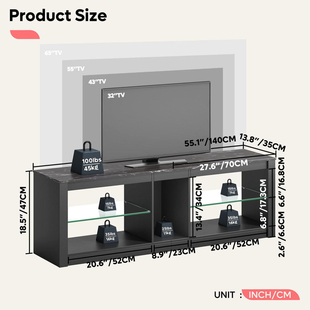 Bestier Entertainment Center LED Gaming TV Stand for 55+ Inch TV Adjustable Glass Shelves 22 Dynamic RGB Modes TV Cabinet Game Console PS4, Black Marble Bestier